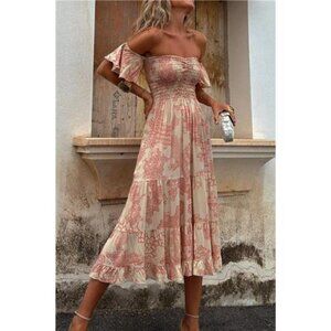 Smocked Off-Shoulder Printed Midi Dress